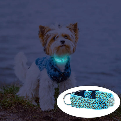 Led Luminous Pet Dog Collar Leopard Glowing Flash Puppy Collar For Night Safety Light-up Adjustable Necklace For Small Dogs