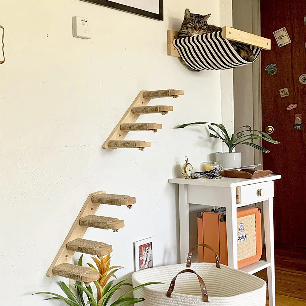 Cat Climbing Shelf Wall Mounted Four Step Stairway With Sisal Scratching Post For Cats Tree Tower Platform Jumping Pet Furniture