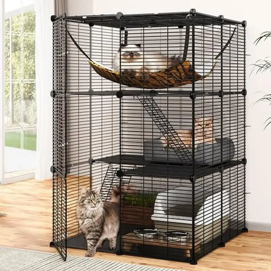 Metal Indoor Cat Playpen Enclosure with Extra Large Hammock DIY Cat Cage Kennel 1-2 Cats Ferret Chinchilla Rabbit Clean & Stable