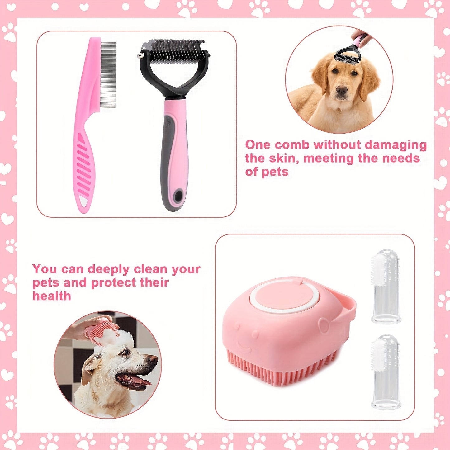 Set Of 8 Dog Grooming Tools, Pet Self-cleaning Kit, With Pet Nail Clippers And File, Flea Comb, Pet Shampoo Bath Brush, Pet Shedding Brush, Pet Hair Removal Comb, Silicone Toothbrush